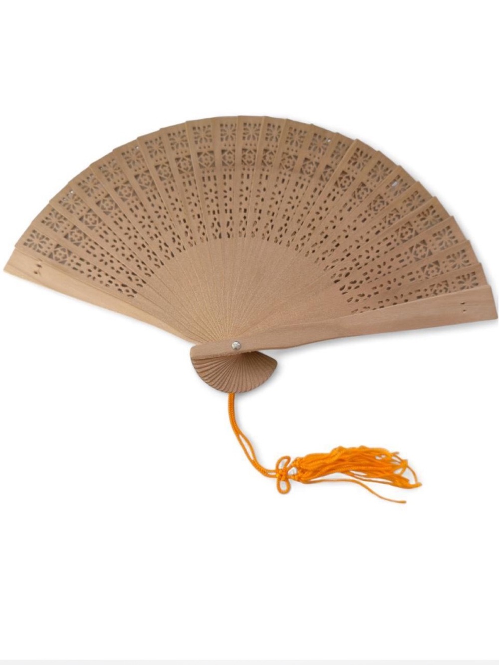 Handheld Wooden Folding Fan with Orange Tassel